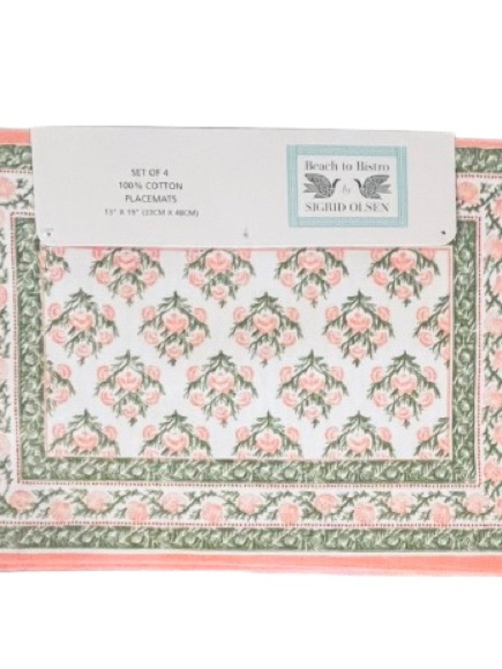 🆕-Sigrid Olsen Beach to Bistro- Set of 4 Pink Seashell & Green Leaf Placemats